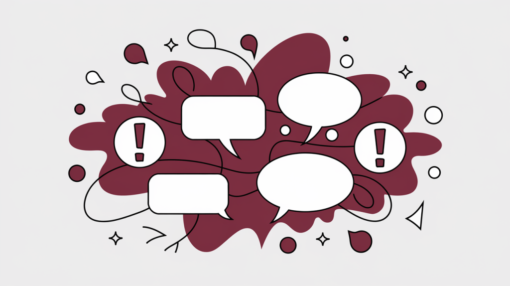 A cartoonish drawing featuring speech bubbles and exclamation marks.